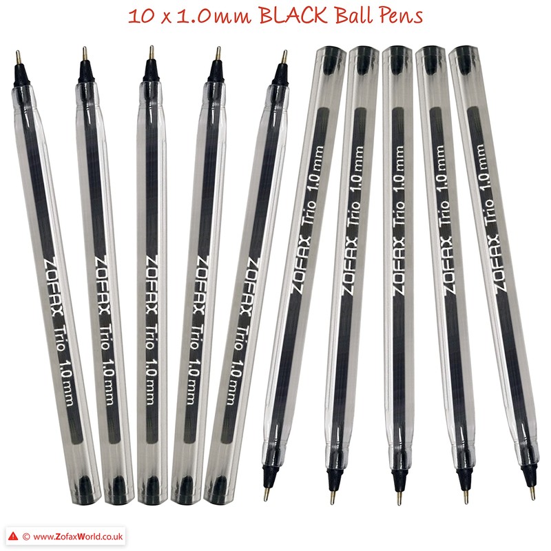 ZOFAX Trio Ballpoint Pens, BLACK, 1.0mm Medium Point, Pack of