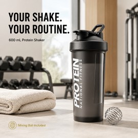 Protein Shaker Bottle, 600 mL Mixing Cup with Mixing Ball, Flip-Top Spout, Carry Loop and Measurement Markings, Reusable, Black