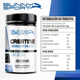 Creatina Monohidratada Bunny 1kg Sabores 200 Servicios Sin Sabor