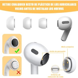Almohadillas para AirPods Pro y AirPods Pro 2, Incluyen 6 Pares de Repuesto + Ganchos Auriculares + Limpiador 3 en 1, con Orificios de Cancelación de Ruido, Suaves y Cómodas