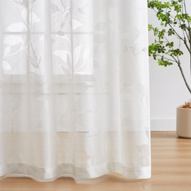 Treatmentex Transparent Lace Curtain, Jacquard Curtains with Eyelets, Leaf Pattern, Semi-Transparent Curtains, Vintage Decorative Curtain, Eyelet Curtains for Bedroom, Living Room, White, 2 Pieces,