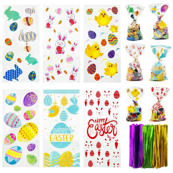 FuraHa 150 pcs Easter Cello Bags, Easter Cellophane Treat Bags with Ties for Candy Cookie Goodies Easter Party Supplies, 6 Assorted Styles