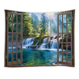 HYKHYK Forest Waterfall Tapestry Nature Jungle Green Tree Lake Window View Rainforest Spring Sunshion Wall Hanging Art Decor for Bedroom,Living Room,Dorm