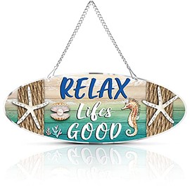 Beach Sign Decor Hanging Sea Decorations Starfish Wall Decor Beach Plaque Door Wall Plaque Decor Sign with Sea Horse and Scallop for Decoration, 12 x 4 Inch