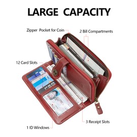 TFKGS RFID Wallet Women, Soft Waxed Leather Zip Bifold Credit Card Holder, Ladies Phone Clutch Travel Wristlet Large Capacity Red