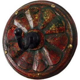 GURU SHOP Indian Round Wooden Wall Hook, Key Holder, Coat Hook - Red, Size: Small 12 cm, Wooden Wall Hook, Metal & Ceramic