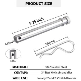 TS35010 Hitch Pin for B&W, 2”&2.5” Receiver Trailer Hitch Tow and Stow, Stainless Steel Replacement Pin and Clip (3 Pack)