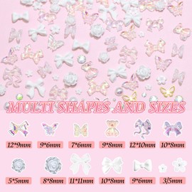 BELICEY 3D Nail Charms Set White Assorted Butterfly Flower Bear Charms for Nails Acrylic Flatback Pearls Starry AB Crystals Rhinestones for DIY Nail Art Supplies Accessories with Tweezer Picker Pen