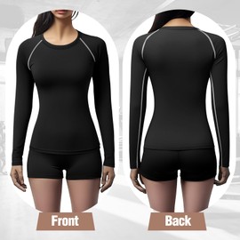 Coume 4 Pack Women's Compression Long Sleeve Shirts Crew Neck Workout Tops Quick Dry Gym Running Athletic Sports Underscrubs(2 Black 2 Black with Gray,L)