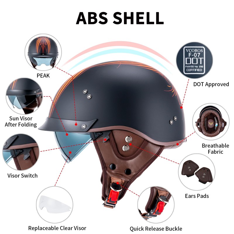 VCOROS Half Helmet Motorcycle DOT Approved Open Face Helmet F07