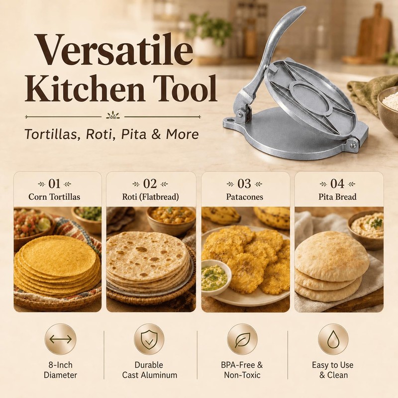 Kundita 8-Inch Cast Aluminum Tortilla Press, Silver Commercial-Grade Tortilla Maker