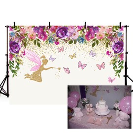 MEHOFOTO Spring Fairy Princess Birthday Party Photo Studio Booth Backgrounds Tinkerbell Pink Purple Flowers Fairy Baby Shower Butterfly Girl Photography Backdrop Banner 7x5ft