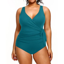 Yonique Traje de baño de una pieza de talla grande para mujer, traje de baño con control de abdomen de cobertura completa, Azul y Verde, 20 Plus