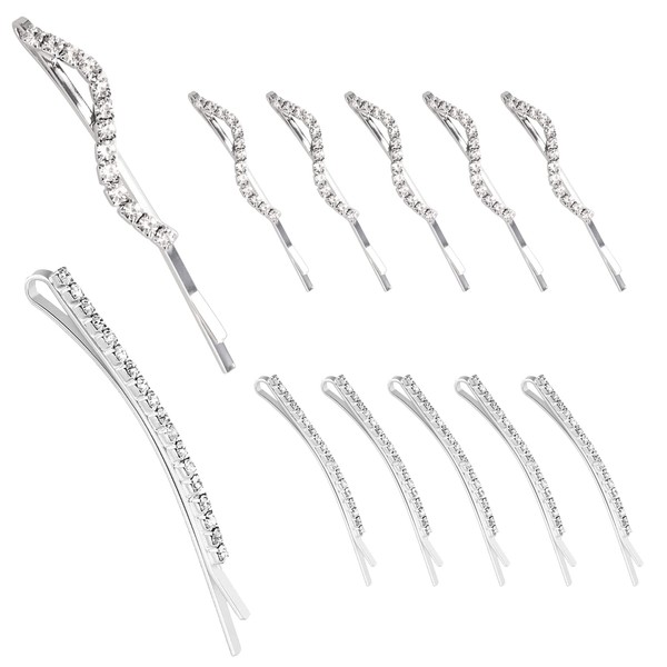 10 Pieces Clear Rhinestone Crystal Bobby Pins,Scettar Silver Metal Hair Clips Hair Accessories for Women, Crystal Hair Pin Decorations for Brides Girls,2 Styles (S-shaped and Single Row)