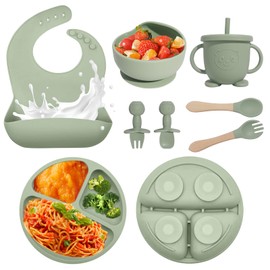 Baby Led Weaning Supplies, 8 Piece BPA-Free Silicone Feeding Set, Silicone Suction Bowl, Forks & Spoons, Bib & Cup, Develops Self Feeding Skills, Dishwasher Safe, for 6+ Months (Green)