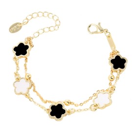 Five Leaf Clover Double Bead Chain Bracelet Black and White Fashion Five Leaf Clover and Plum Blossom Design Women's Bracelet