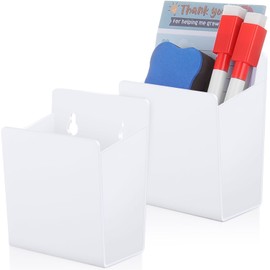 Chivertion 2 Pcs Acrylic Wall Mounted Marker Holder Acrylic Pen Holder Adhesive Glass Whiteboard Marker Organizer Dry Erase Organizer with Tapes Hanging Holes for Whiteboard Fridge Locker(White)