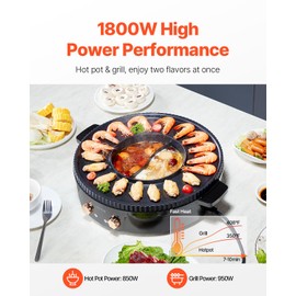 VEVOR Hot Pot with Grill, 1800W 2-in-1 Electric Smokeless Grill and Hot Pot, Korean BBQ Shabu Shabu Hotpot with Separate Dual Temperature Control, Non-stick Pan, for 2-8 People Family Dining