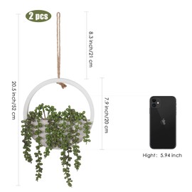 RECUTMS 2pcs Artificial Succulents Hanging Plants Fake String of Pearls in Pot with Lanyard Faux Plant Greenery Boho Wall Decor for Home Office Room Garden Balcony Indoor Outdoor Decor