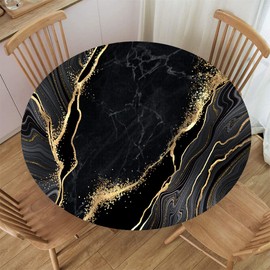 Fitted Round Waterproof Tablecloth Elastic Edge Table Cover Home Decorative Marble Tablecloth for Indoor Outdoor Picnic, Patio, Party Fit for 36.2"-40.1" Table