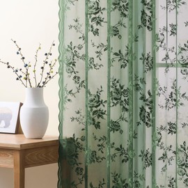 Dark Green Lace Curtains 96 Inches Long 2 Panels Sheer Floral Curtains for Living Room Bedroom Rod Pocket Light Filtering Drapes French Large Window Decor for Dining Room Hallway Doorway Sunroom 52x96