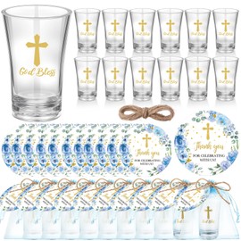 Funnymoom 50 Sets God Bless Shot Glasses Religious Party Favors for Guests Souvenir Baptism Cross Blue Floral Thank You Tags with Organza Bags Twine for Christening Celebration Baby Shower