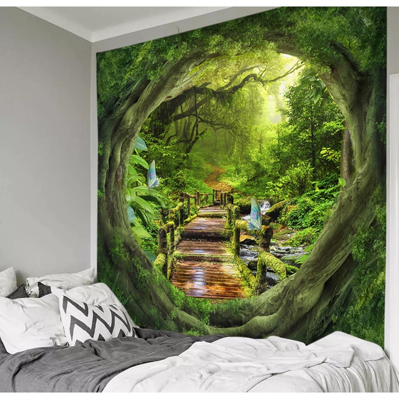 Hoisy Green Forest Cave Tapestry Wall Hanging Jungle Wood Wall
