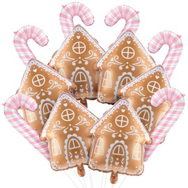 Soulchen 12 Pcs Christmas Gingerbread House Foil Balloons Pink Candy Cane Decorations Christmas Foil Balloons for Xmas Birthday New Year Party Decorations Supplies