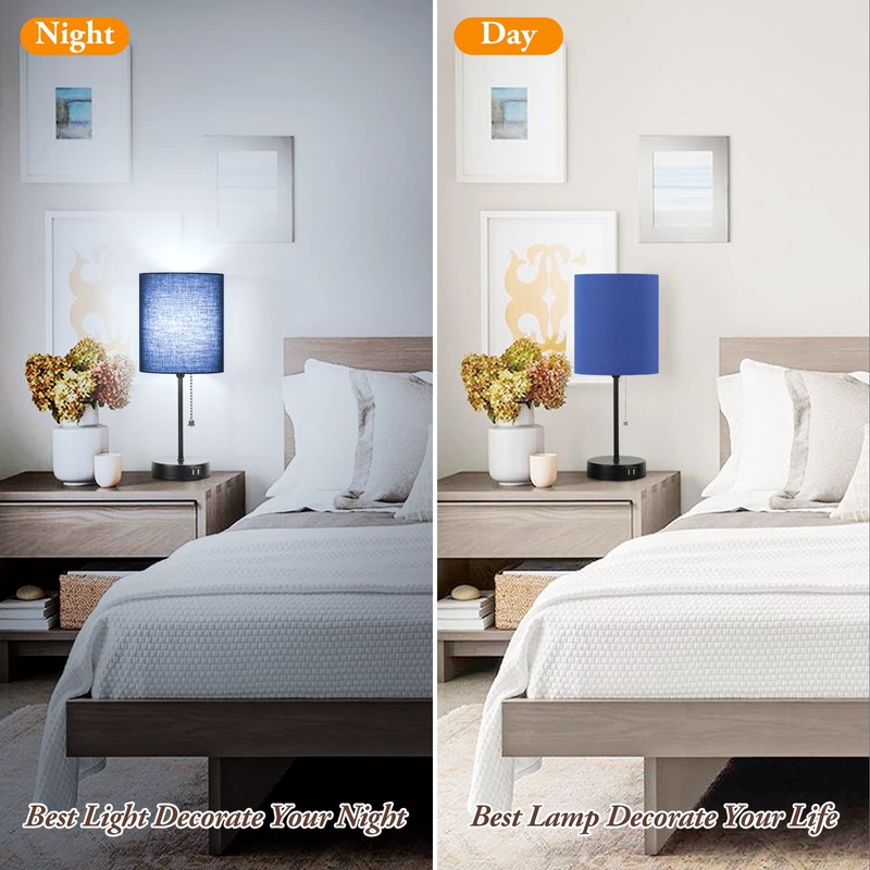 Table Lamps Set of 2 with USB Charging Ports, Blue