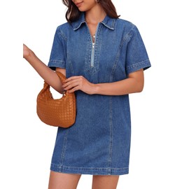 Fisoew Women’s Denim Mini Dress Short Sleeve Summer Casual Half Zip Polo Neck Short Jean Dress