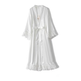 Crystal Dew Women's Long Bride Kimono Robes with Lace Trim Embroidery Bridal Satin Bathrobe Wedding Party Sleepwear, White, Bride