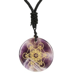 Ladeukoi Engraved Crystal Metatrone Pendant Necklace, Round Stone Healing Spiritual Amulet Positive Energy Meditation Adjustable Rope Chain 17-25 Inches, Crystal