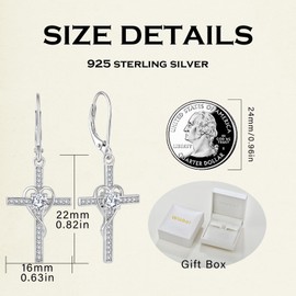 Wisbal Cross Earrings 925 Sterling Silver Heart-Shaped Leverback Earrings Created Amethyst Cross Dangle Drop Religious Jewelry