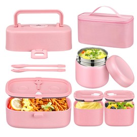Bento Lunch Box for Kids with 8oz Soup Thermo,2 Leak-Proof Food Containers, a Lunch Bag, Kids Thermo Insulated Hot Food Jar for School, Travel-Pink