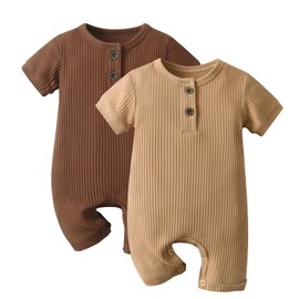 Baby Boy Girl 2 Pack Solid Romper Short/Long Sleeve One Piece Jumpsuits Clothes Sets (Brown + Khaki, 9-12 Months)
