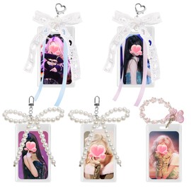 5 Sets Photocard Holder Keychain with Bow Charm, 3 Inch Acrylic Kpop Photocard Display Holder Keychain Cute Butterfly Pearl Lace Bow Photo Card Holder for Kpop Album Badge ID Bus Bank Card