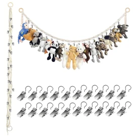TenaLucy Hanging Stuffed Toy Holder, 2 m Cuddly Toy Storage with 20 Metal Clips, Stuffed Toy Storage, Boho Stuffed Toy Organiser Chain, for Hanging Hats, Socks, Toys