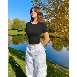 OQQ Womens 2 Piece Shirts Short Sleeve Crew Neck Ruched Stretch Fitted Tee Shirts Crop Tops Black Tea Leaf