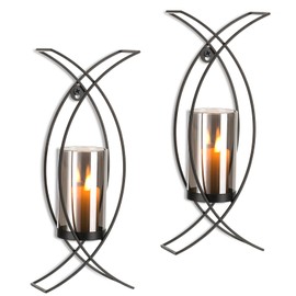 Walasis Candle Sconces Decorative Wall Decor Set of 2 Black - Hurricane Candle Wall Sconce Iron Two Candle Holders Modern Wall Mounted Hanging Candles for Indoor Fireplace Kitchen Dining Room