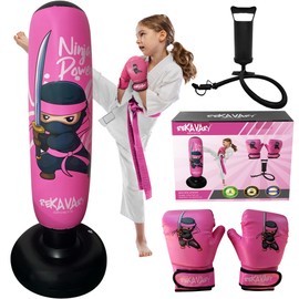 Punching Bag for Kids - 5' 3" Tall and Stable - Ninja Inflatable Punching Bag Combo Kit with Kids Boxing Gloves, a Pump and Repair Kit. Birthday Boxing Bag for Immediate Bounce Back (Pink Baby Ninja)