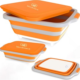 Verdvoca BBQ Prep Tubs with Lids, XX-Large Collapsible Built-In Cutting Board for Fruit Prep & Washing, Meal Marinating and Food Storage for Cook, Party, Picnic and Camping, 30L Orange