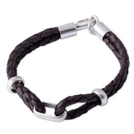 NOVICA Artisan Handmade Men's Sterling Silver Leather Bracelet No Stone Braided Peru [8.75 in L x 0.6 in W] ' Naturally'