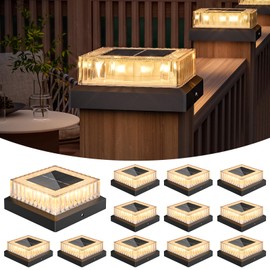 VOLISUN Solar Fence Post Cap Lights, 4x4 Solar Post Cap Lights for Fence Posts, Outdoor Post Lights Solar Powered Deck Post Lights for Outside, IP64 Waterproof Warm Light with Vertical Stripe Lens (12