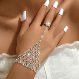 Hand Chian Ring Bracelet Hand Chain Rhinestone Tassel Bracelet with Finger Ring White Silver Hand Ring Bracelet Jewelry for Women Bridal-A