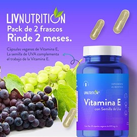LIV NUTRITION | Vitamina E 600 Mg Con Semilla De Uva | 60 Cápsulas Veganas Sin Gluten | Pack 2 Frascos | Suplemento Alimenticio 100% Natural | Vitamin