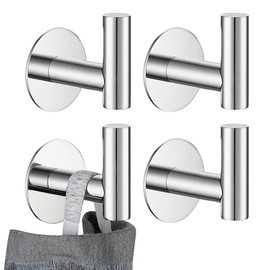 JQK Self Adhesive Towel Hook Chrome, No Drill Stick on Coat Robe Clothes Wall Hook for Bathroom Kitchen Garage 4 Pack, 304 Stainless Steel Polished Steel, ATH110-CH-P4
