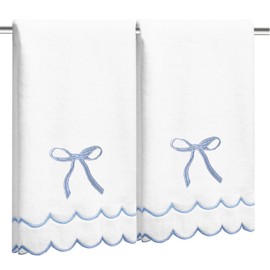 2 Pcs Coquette Bow Hand Towels 15.75 x 27.56 Inch Scalloped Embroidered Dish Towel 100% Cotton Cute Preppy Decorative Bath Hand Towel for Kitchen Bathroom (Blue)