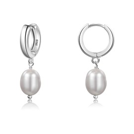 Pearl Drop Earrings 925 Sterling Silver Pearl Hoop Earring Handpicked Baroque Pearls Earrings 14k Gold Plated Freshwater White Pearl Dangle Vintage Huggie Earrings for Women
