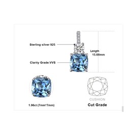 JewelryPalace 2.2ct Cushion Cut Genuine Sky Blue Topaz Pendant Necklace for Women, 14k White Gold Plated 925 Sterling Silver Necklace, Natural Gemstone Jewellery Sets 18 Inches Chain
