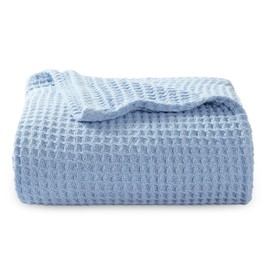 Bedsure 100% Cotton Large Throw Blanket for Couch - Waffle Weave Blue Throw Blanket for Bed, Lightweight and Soft Fall Throw Blanket for Office, 50x70 inches